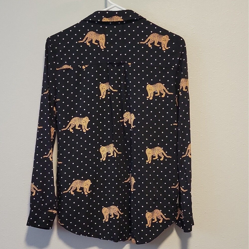 Maeve 4 Black Polka Dot Cheetah Button-Up Blouse Collared Long Sleeve Rayon - Picture 5 of 8
